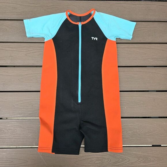 TYR Boys Girls Thermal Swim Suit Zip up Blue Orange Black  Size 7/8 New Sample - Picture 1 of 2